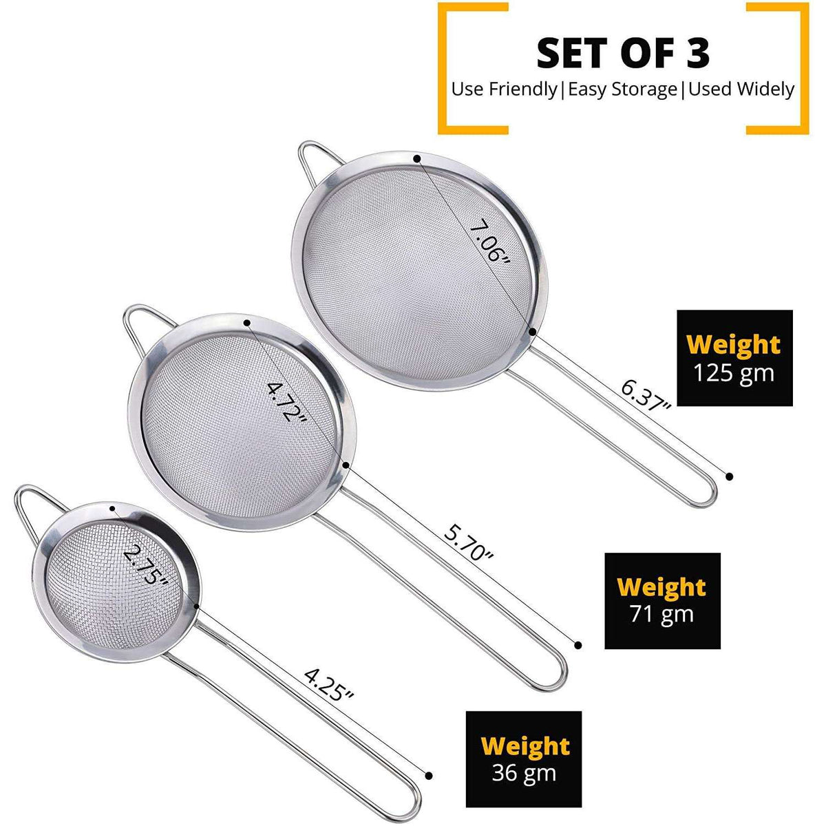 Stainless Steel Sieve (Handle) - Pack of 3 - The Cream Bar